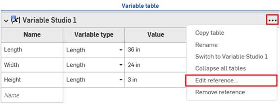 Edit reference selected from the Variable table three-dot menu