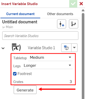 Insert Variable Studio dialog with configured Variable Studio selected
