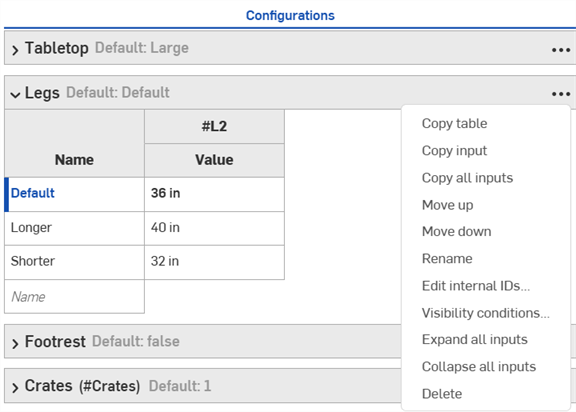 Three-dot menu for a configuration iput table