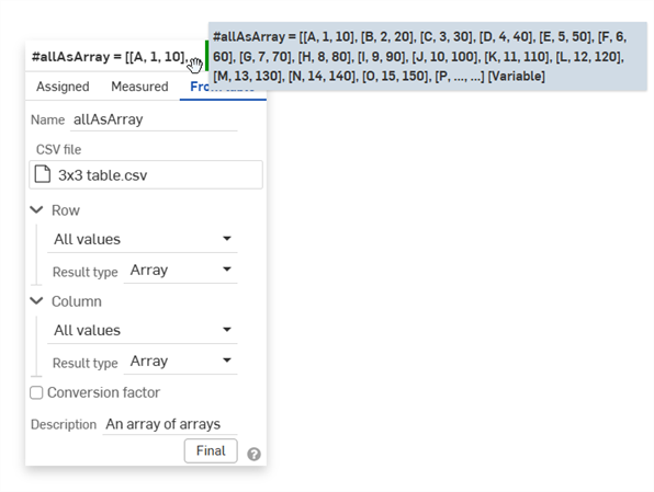 Variable: From table example - Array of arrays
