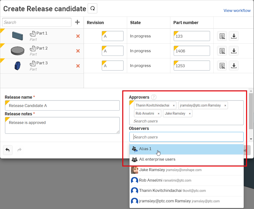Selecting an alias on the Create release candidate dialog