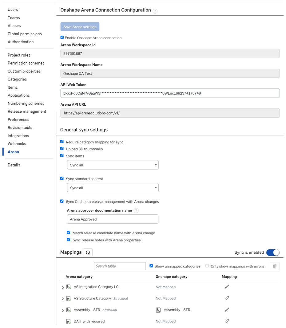 Enterprise settings: Arena dialog