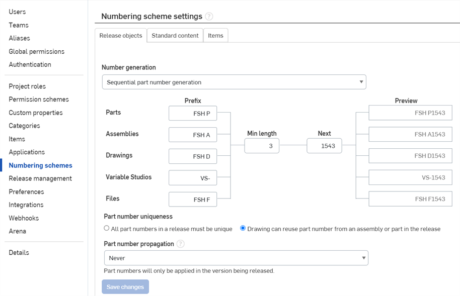Enterprise settings: Numbering schemes