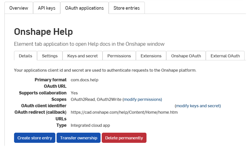 App details in Developer settings