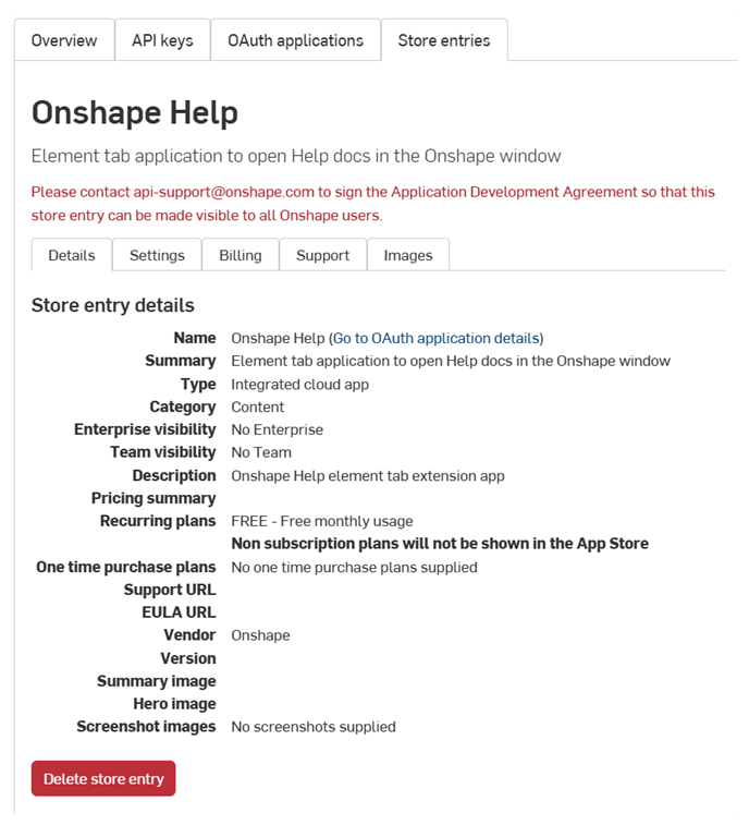 OAuth applications page with Store entry tab selected