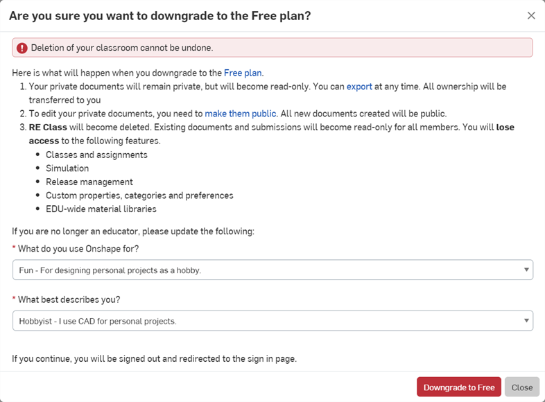 downgrade from Educator to Free plan dialog