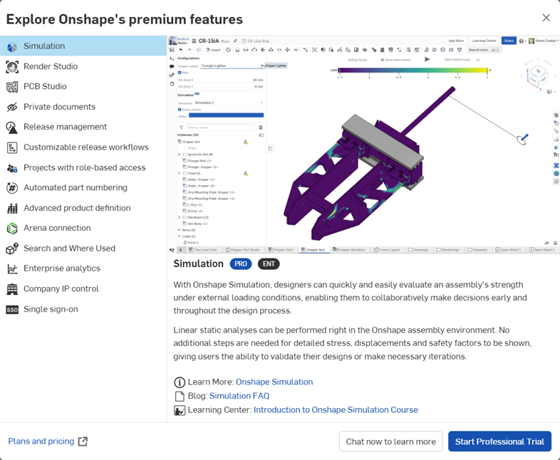 Explore Onshape's premium features dialog