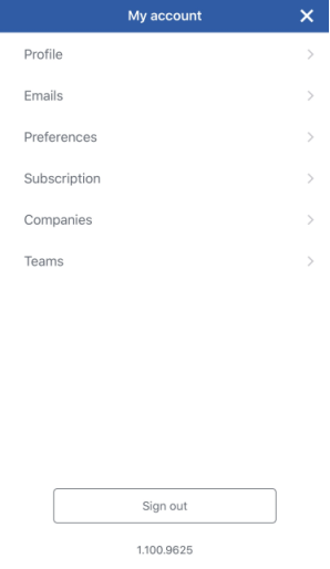 Screenshot of Account settings page on iOS