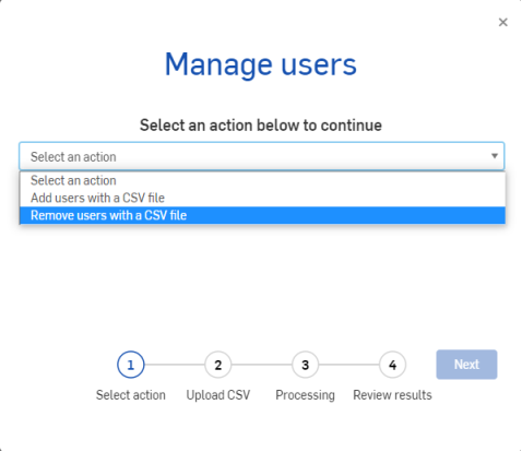 Manage users dialog box with Remove users with a CSV file option highlighted