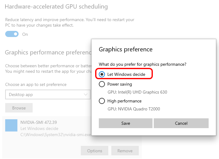 Windows graphics settings, preferences