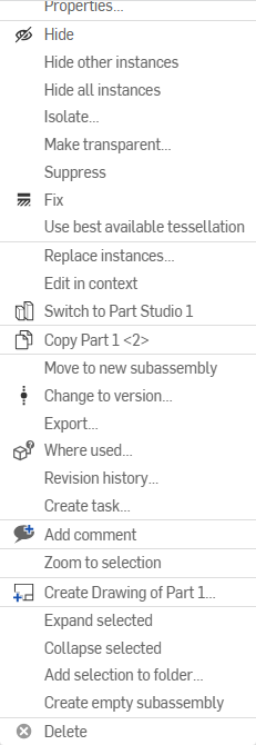 Screenshot of Instances list - moving a document to a subassembly or creating a new assembly