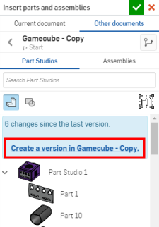 Insert parts and assemblies dialog with the message asking to create a version highlighted