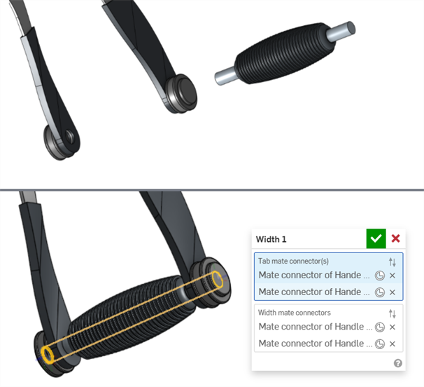 2 つのエンドキャップの間にシャフトを中央揃えする幅合致の例