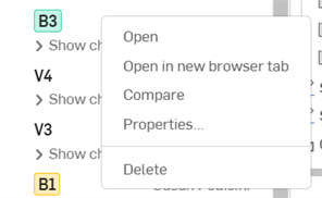 Right-click menu on a branch in the version manager