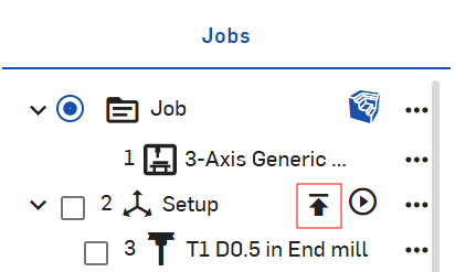 Jobs panel in CAM Studio with the Post child operations icon outlined in red