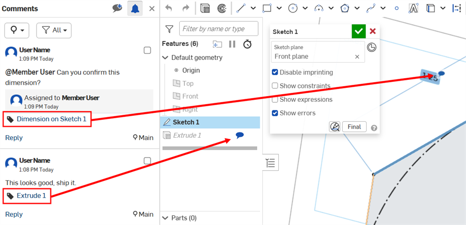 Comment icon in Features list and graphics area