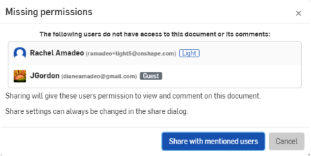 Example of how to add comments, missing permissions notification dialog