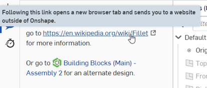 Notification that the link opens a website outside Onshape