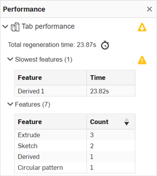 Performance panel tab performance in Part Studio