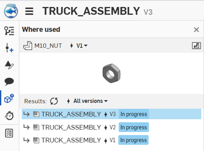 Example of an assembly open in the Where used Document panel