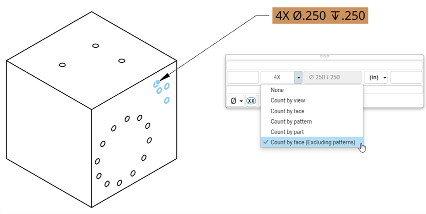 Hole callout edit dialog with the Count type dropdown opened and Count by face (Excluding pattern) selected.