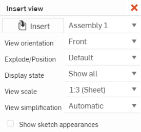 Screenshot of the Insert view dialog with an Assembly selected