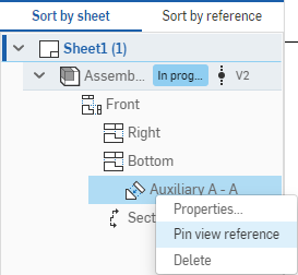 Right-clicking on the Auxiliary view, and selecting Pin view reference from the context menu
