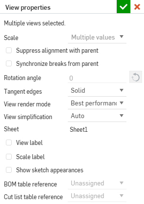 View properties dialog with multiple views selected