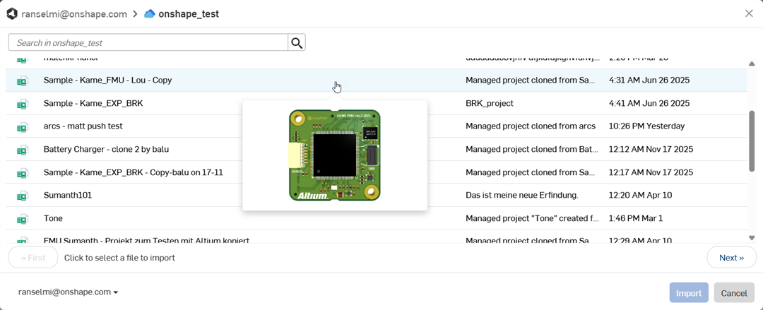 Altium 365 integration dialog: selecting a board