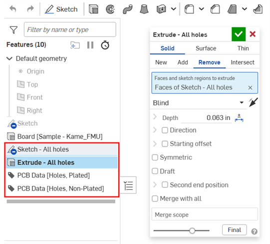 PCB Holes Extrude feature example