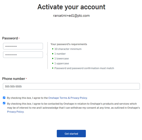 Activate your account screen