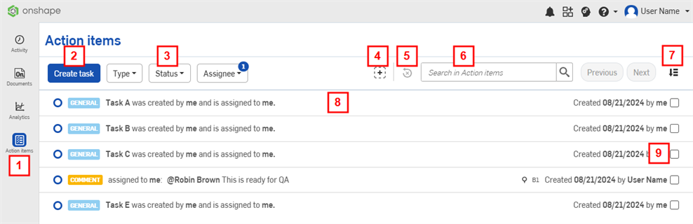 アクションアイテムのページ