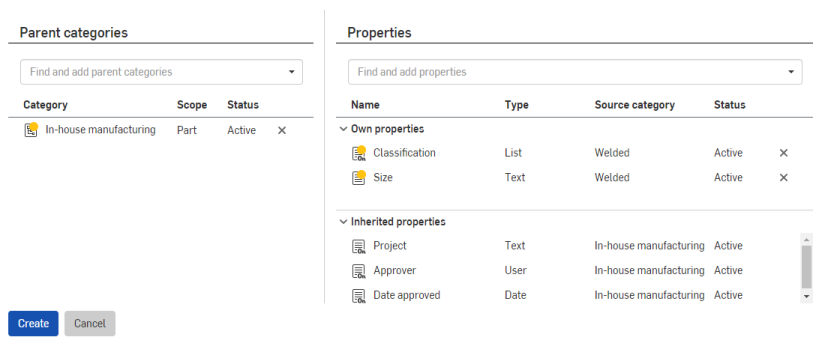 Selecting specific properties for the sub-category, shown as Classification and Size