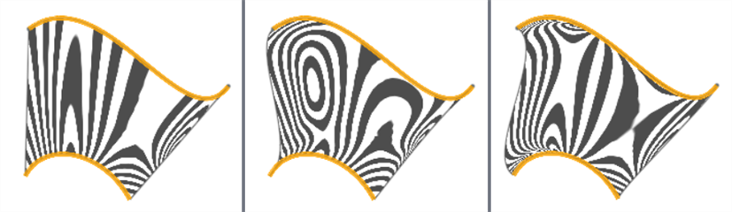 Boundary conditions with Zebra stripes: None, Normal to profile, and Tangent to profile