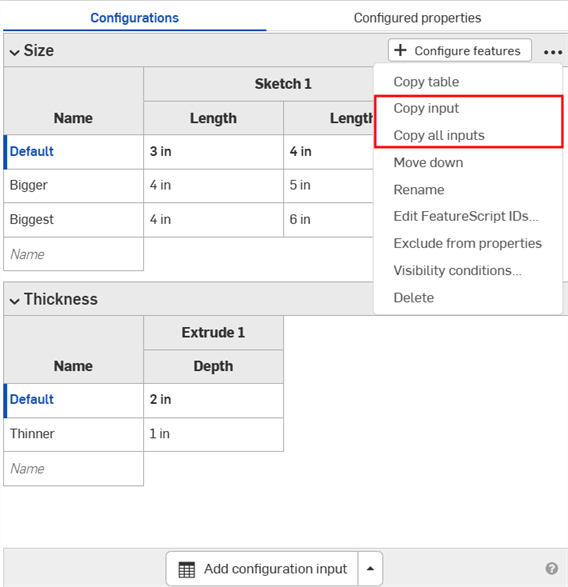 Configuration inputs three-dot menu