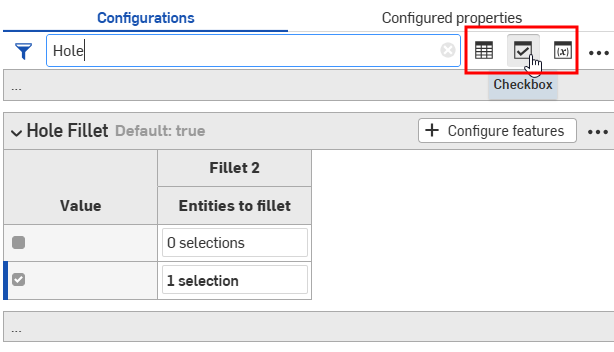 Configuration panel filtered to show only Checkbox input types
