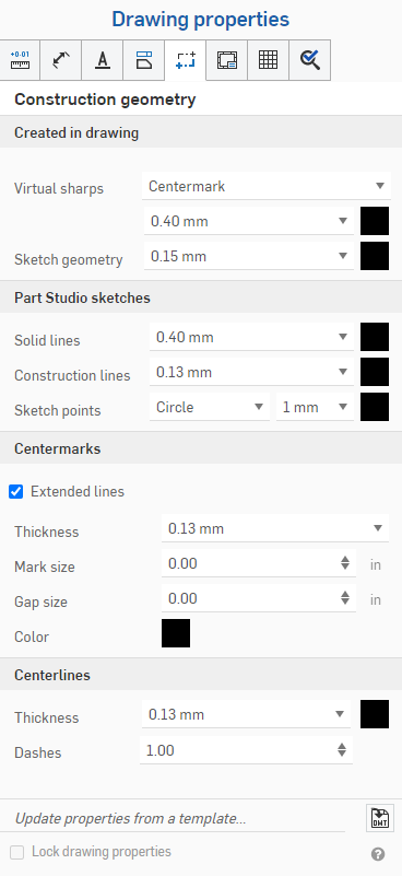 Drawing properties panel, Construction geometry tab