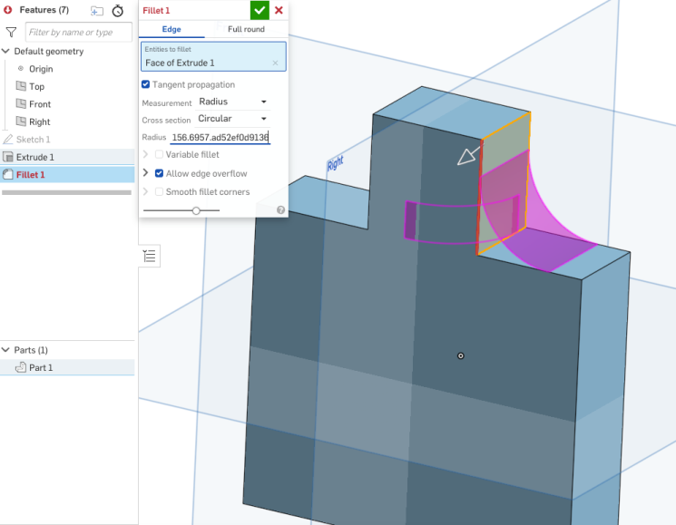 Error on fillet face feature