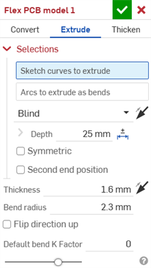 Flex PCB model dialog: Extrude
