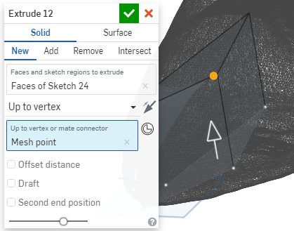 Example referencing a mesh point using the Up to vertext option on the Extrude dialog