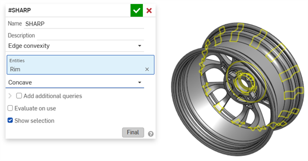 パーツの凹状のエッジをすべて選択したクエリ変数