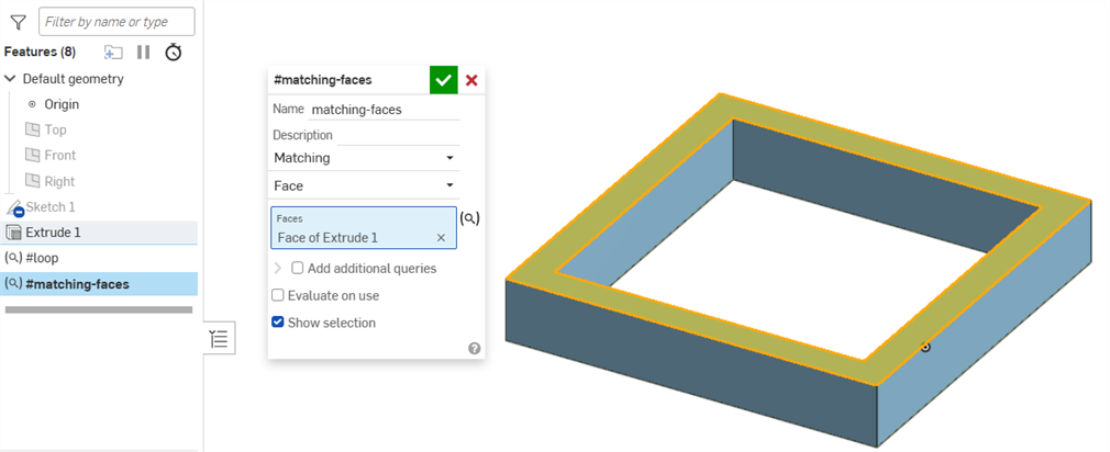面を選択し、ドロップダウンで [一致] を選択したクエリ変数ダイアログ
