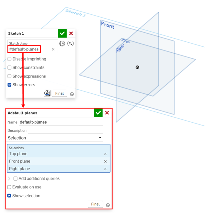 クエリ変数は、平面を順番に選択すると、トップ平面と評価されます。