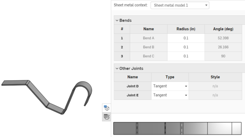 曲げがリストされておらず、代わりに接線ジョイントがリストされているシートメタルテーブルを示すシートメタルモデルの円弧の例