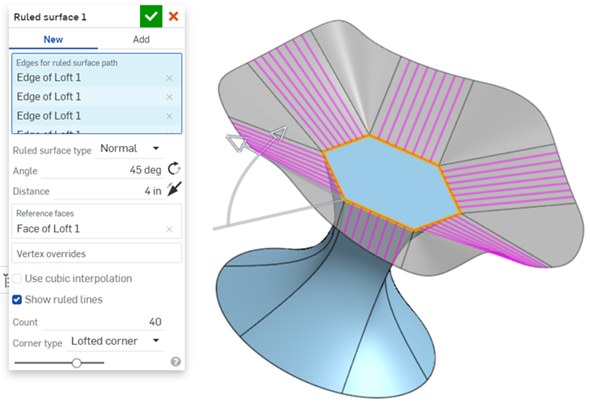 Example of a ruled surface extended outward from a polygon surface and Show ruled lines is enabled