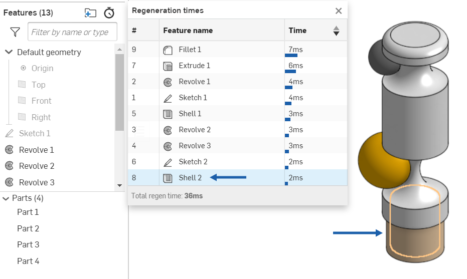 Screenshot of Regeneration times dialog with Feature list
