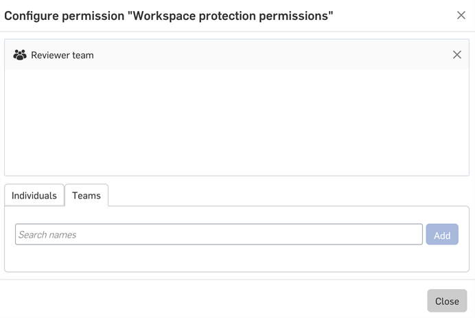 アクセス許可を構成ダイアログに表示されるすべての個人とチームは、ワークスペース保護を有効または無効にできます。
