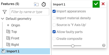 Import dialog with Import appearances enabled