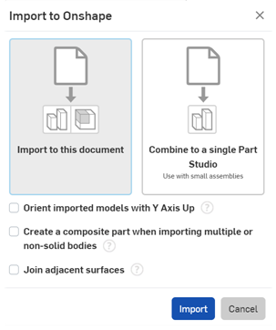 Import Options on the Import to Onshape dialog