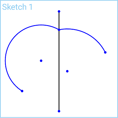 Example of Symmetric Constraint tool in use, a sketch of two non-symmetrical arcs and a line through the middle